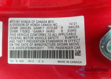 2022 Honda Civic Sport z USA, uszkodzony, nr VIN 2HGFE2F50NH538311